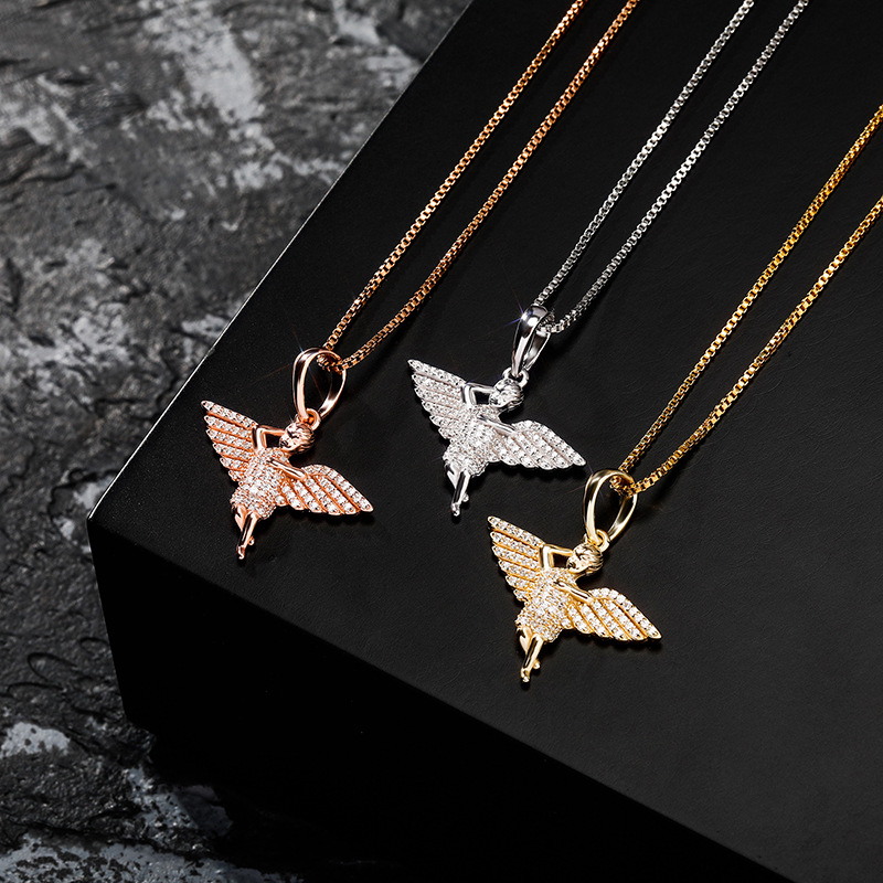 S925 Sterling Silver Angel Wings Pendants Necklace Jewelry Real 14K Gold Plated Bling Zircon Lover Gift Jewelry