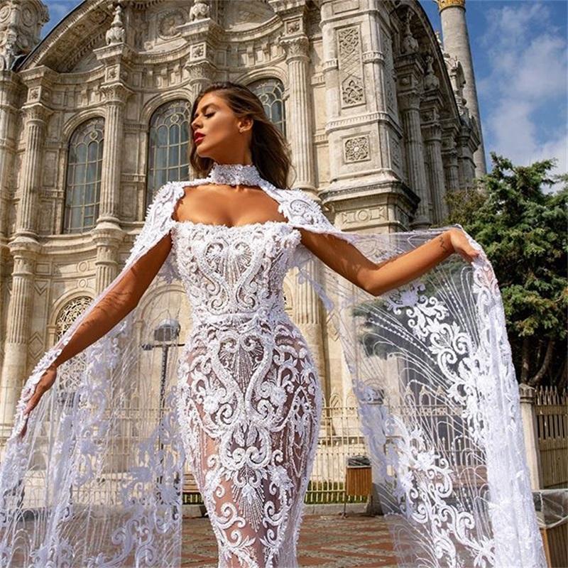 Elegant Lace Mermaid Wedding Dresses with Cape Shawl, High Neck, Full Appliqued Bridal Gowns 2024