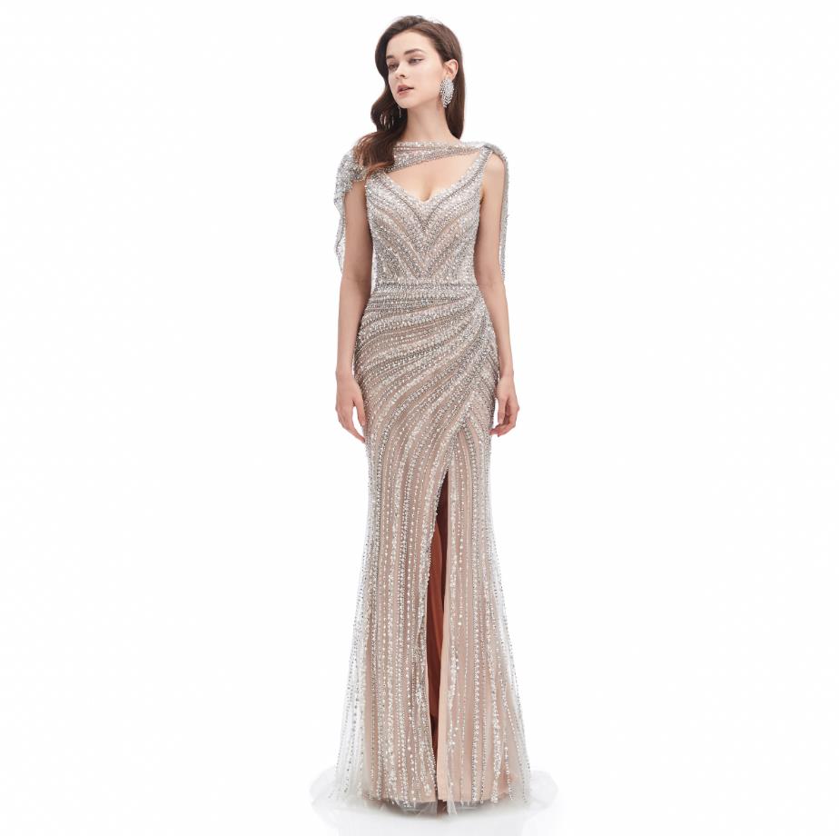 Silver Luxury Beaded Mermaid Evening Gown with wrap Sexy With Split crystal aso ebi fishtail prom dresses real image LJH75031
