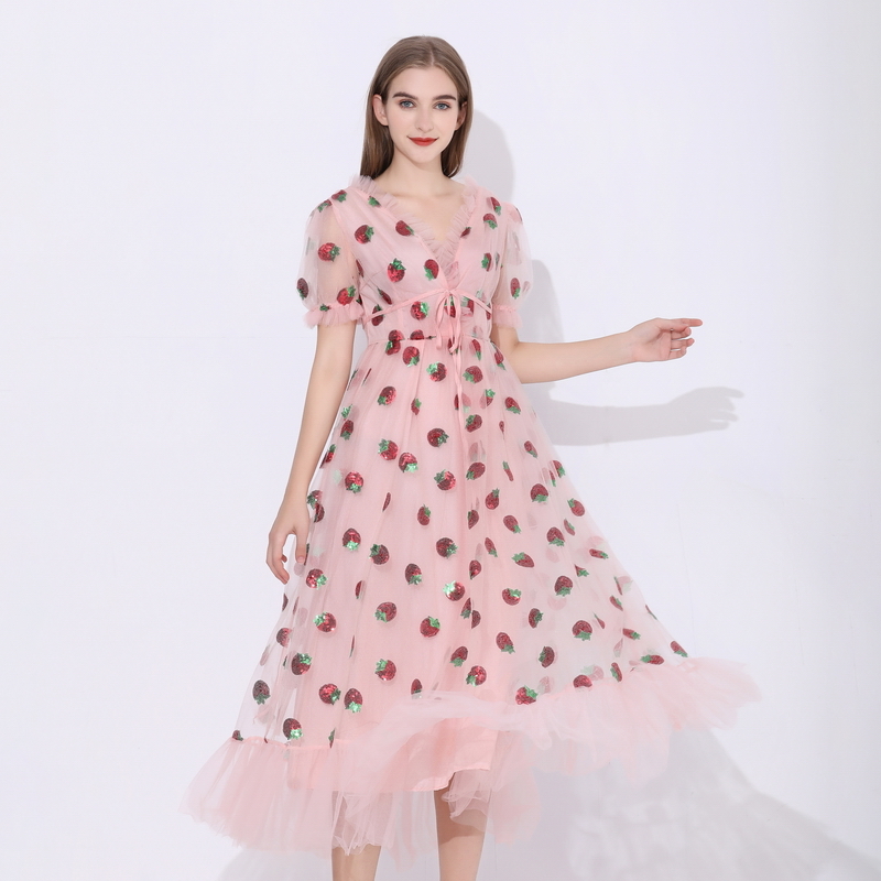 Sequins Strawberry Dress Women Elegant Long Dress V Neck Puff Sleeve Mesh Sexy Party Dresses Vintage Floral Dress Women Robe H1210
