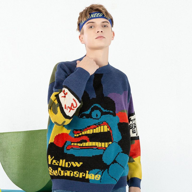 Hip Hop Streetwear Knitted Sweater Men Kanji Monster Printed Pullover Harajuku Cotton Autumn Fashion Casual Sweater Hipster 201221