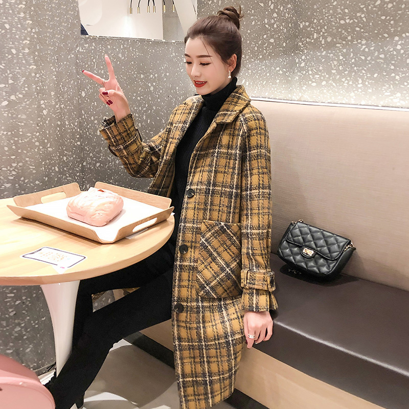 Autumn Winter Women Warm Wool Coat Elegant Plaid Single Breasted Blends Outwear Female Big Pocket Loose Mid-long Coat 201215