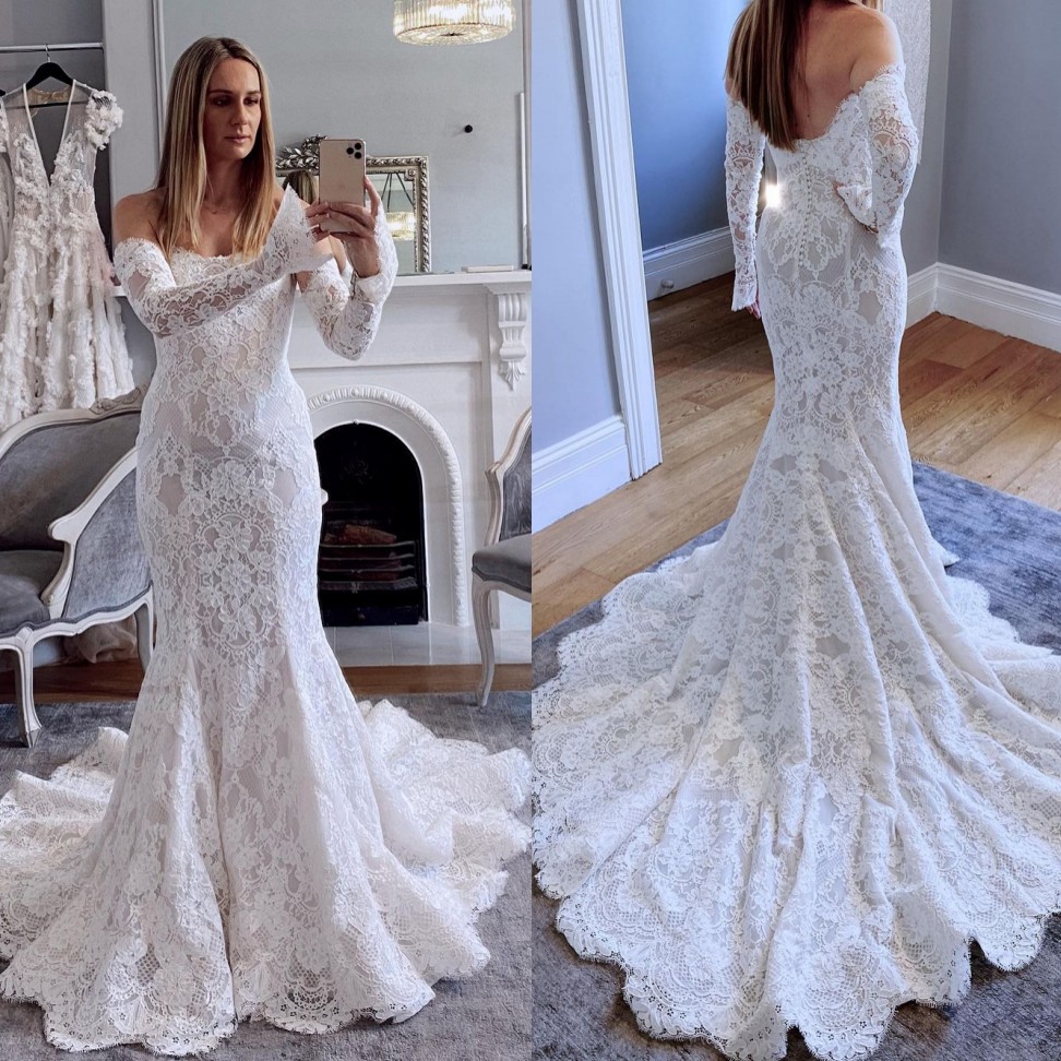 Lace Fabulous Mermaid Wedding Dresses With Long Sleeves Off The Shoulder Bridal Gowns Sweep Train Robe De Marie