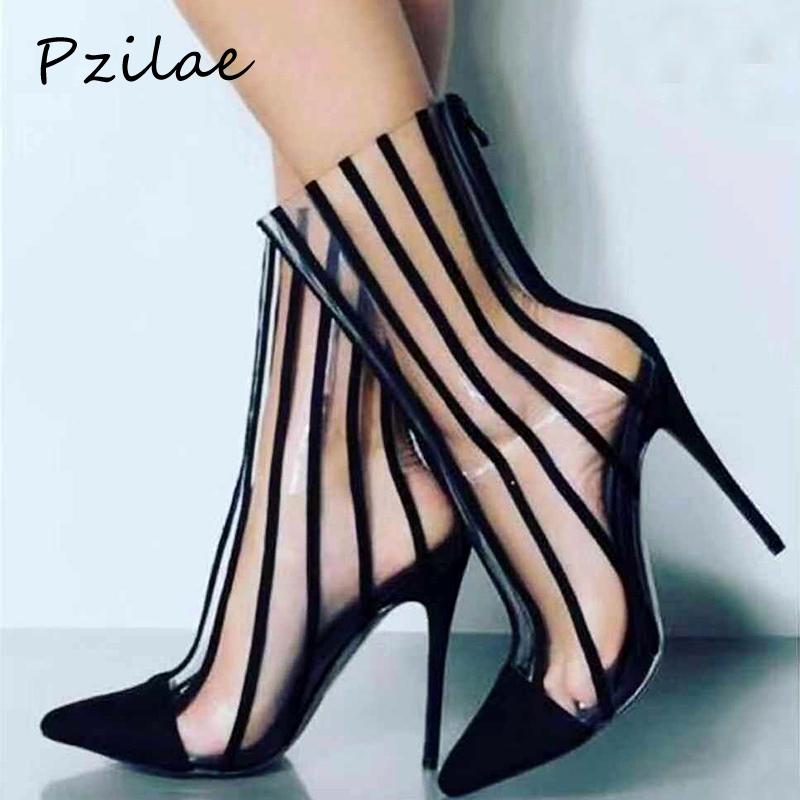 Pzilae new transparent PVC boots sandals pointed toe thin high heels shoes women black striped zipper party shoes size 35-42
Pzilae new transparent PVC boots sandals pointed toe thin high heels shoes women black striped zipper party shoes size 35-42