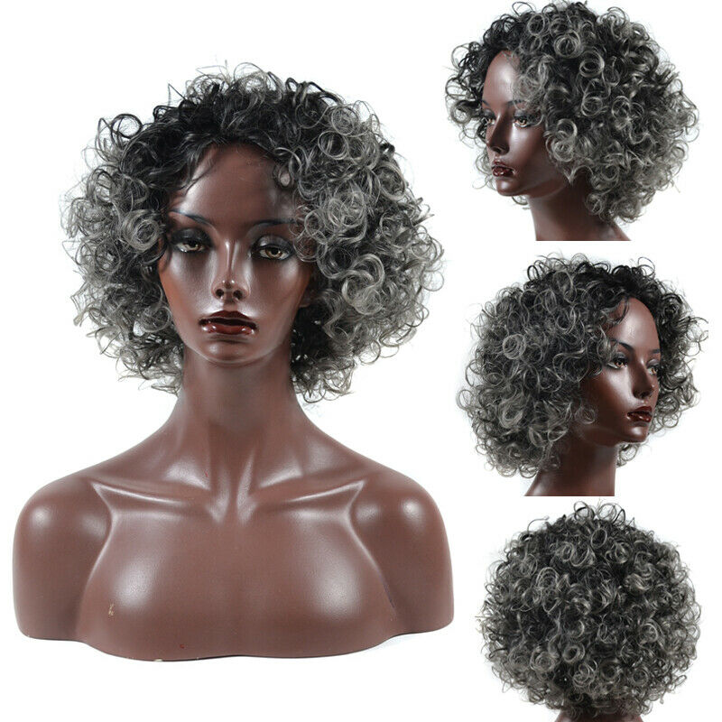 Short Afro Curly Wigs for Women Ombre Grey Curly African American Hair Full Wig