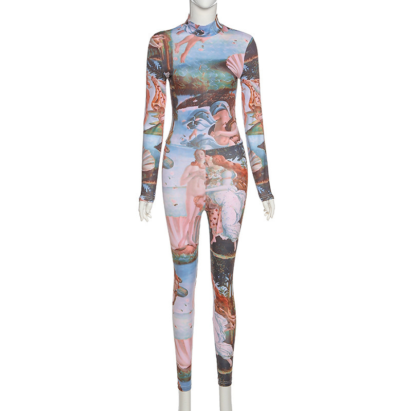 BOOFEENAA Renaissance Retro Print Long Sleeve Jumpsuit Sexy One Piece Romper Workout Fitness Bodycon Tracksuit Fall C87CZ23 201007
