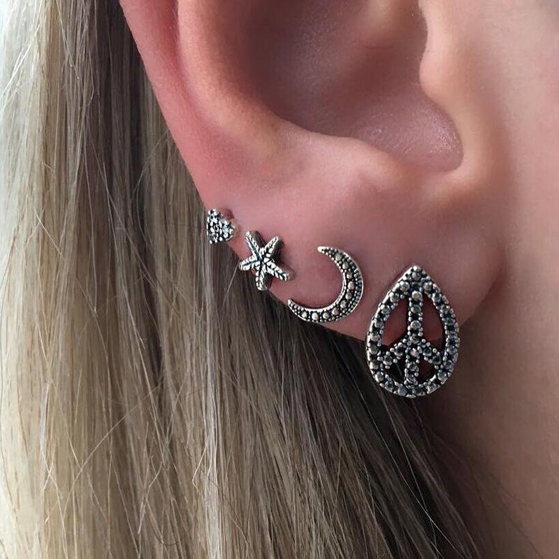 2020 Moon Stud Earrings Boho Star Alloy Simple Earrings C-shaped for Women 4 Piece Set Jewelry Wholesale Kolczyki
