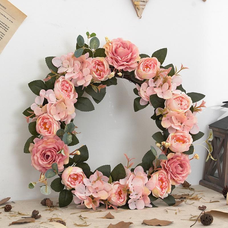 

Simulation Hydrangea Peony Flower Wreath Wall Hanging Floral Art Home Decoration Wedding Photography Props Rattan Plant Garland1, Red