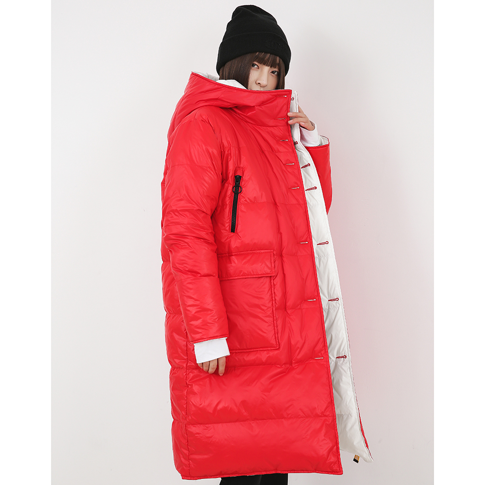 YAYA Women's White Duck Down Jacket Hooded Medium Length Thick Down Coat Waterproof Big Pocket Wear Down Coat on Both Sides 201019