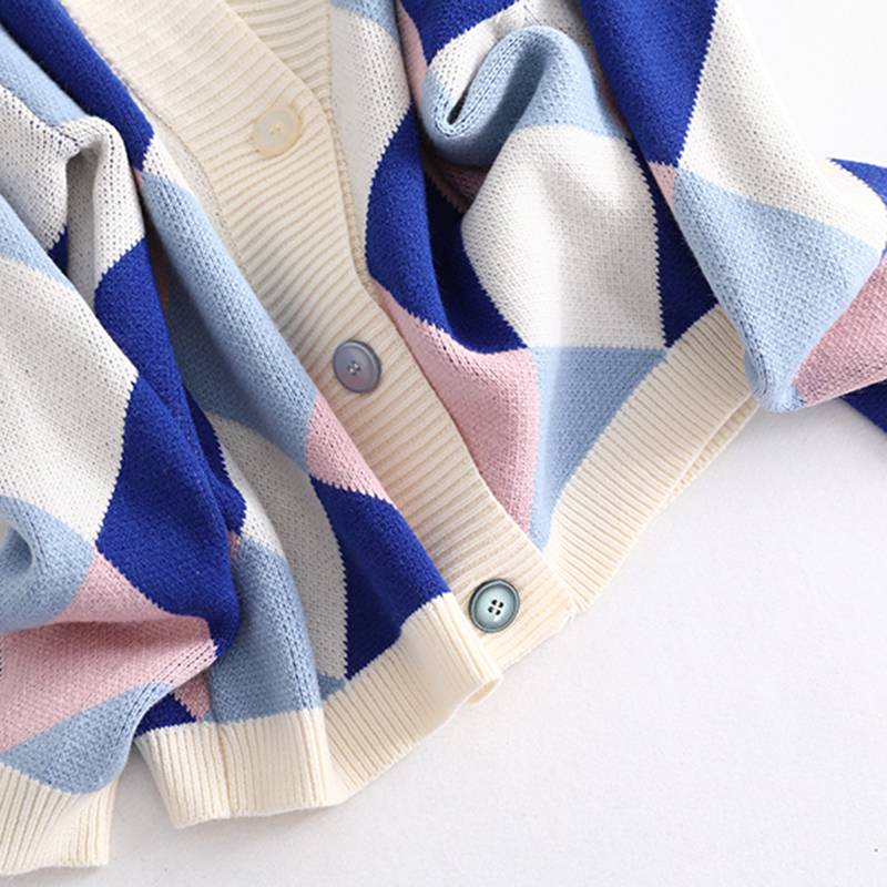 V Neck Knit Oversize Female Cardigan Winter Argyle Single-Breasted Women's Sweater coat Autumn Loose Knit Cardigan Jacket 201031