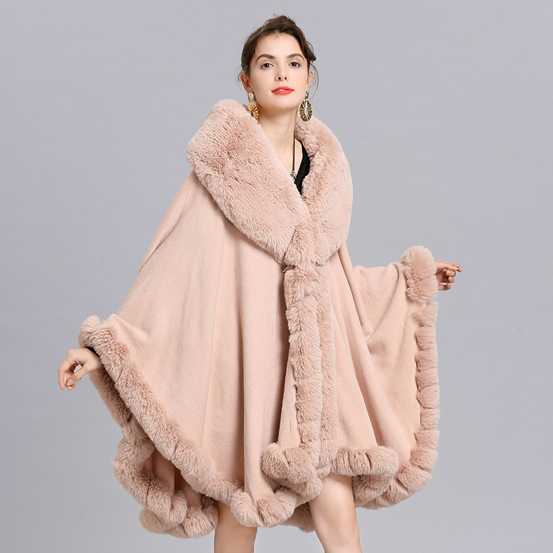 Elegant V Lapel Rex Rabbit Fur Coat Cape Winter Women Big Long Shawl Full Trim Faux Fur Cashmere Cloak Overcoat Parka New 201209