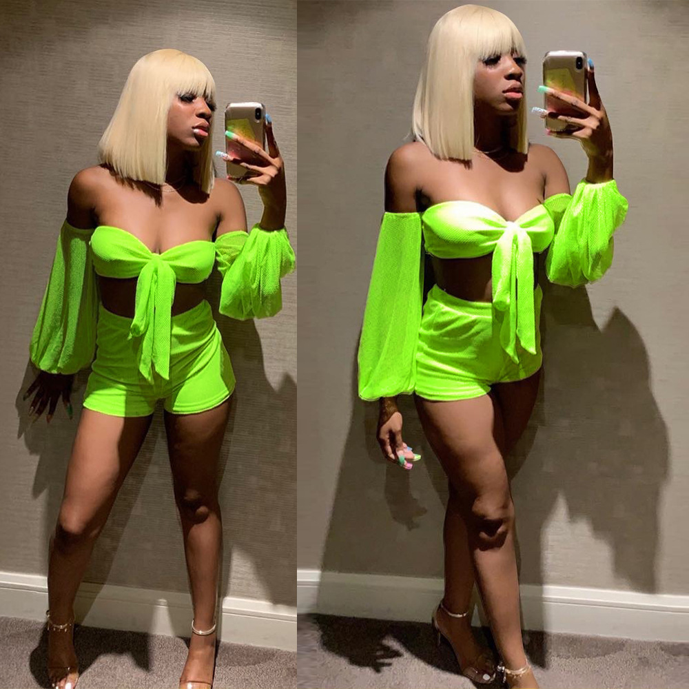 BKLD Neon Green Sexy Two Piece Sets Bodycon Club Outfits 2019 Summer 2 Piece Set Off Shoulder Mesh Crop Top Shorts Matching Sets T200623