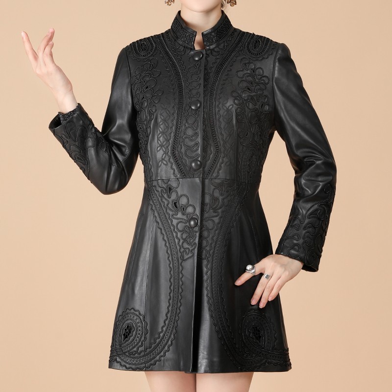 Autumn Genuine Leather Jacket Women Hollow Out Embroidery Slim Sheepskin Coat Office Lady Medium Long Windbreaker Plus Size 6XL 201030