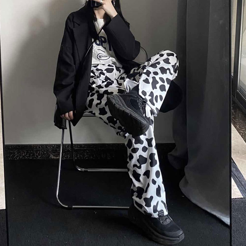 HOUZHOU Cow Print Summer Korean Style Wide Leg for Fashion Women Vintage Joker Palazzo Pants 201111