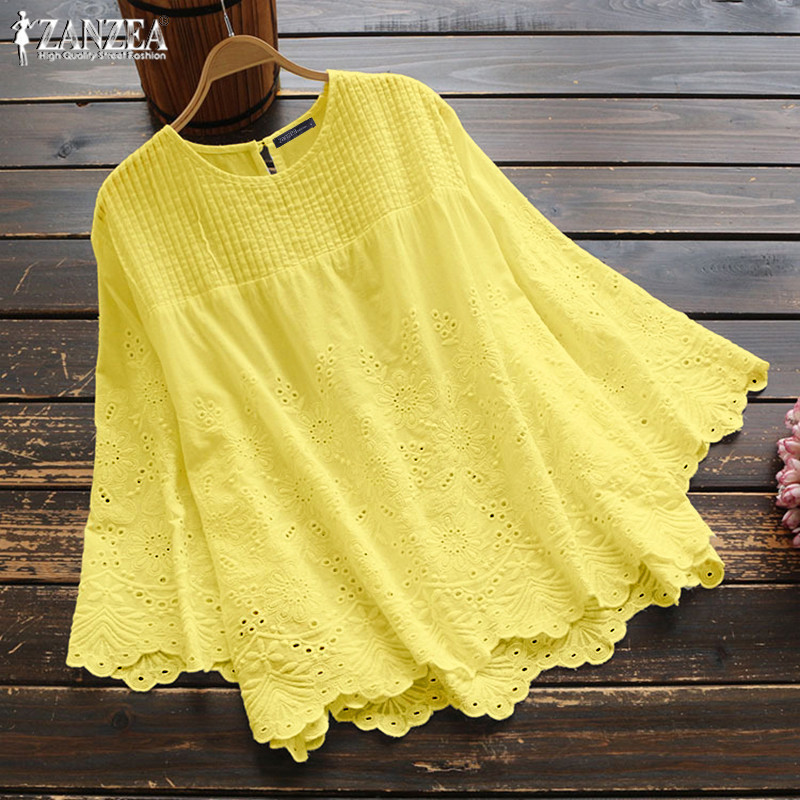 ZANZEA Fashion Lace Tops Women's Autumn Blouse Casual Pleated Hollow Blusas Female 34 Sleeve Shirts Plus Size Tunic 5XL T200322