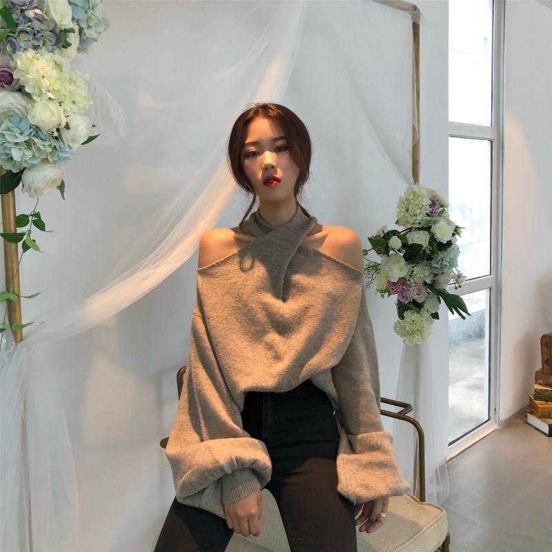 Women Retro Criss-Cross Halter Knitted Sweater Off Shoulder Hanging Neck Strapless Pullovers Oversized Lady Sweaters 201130