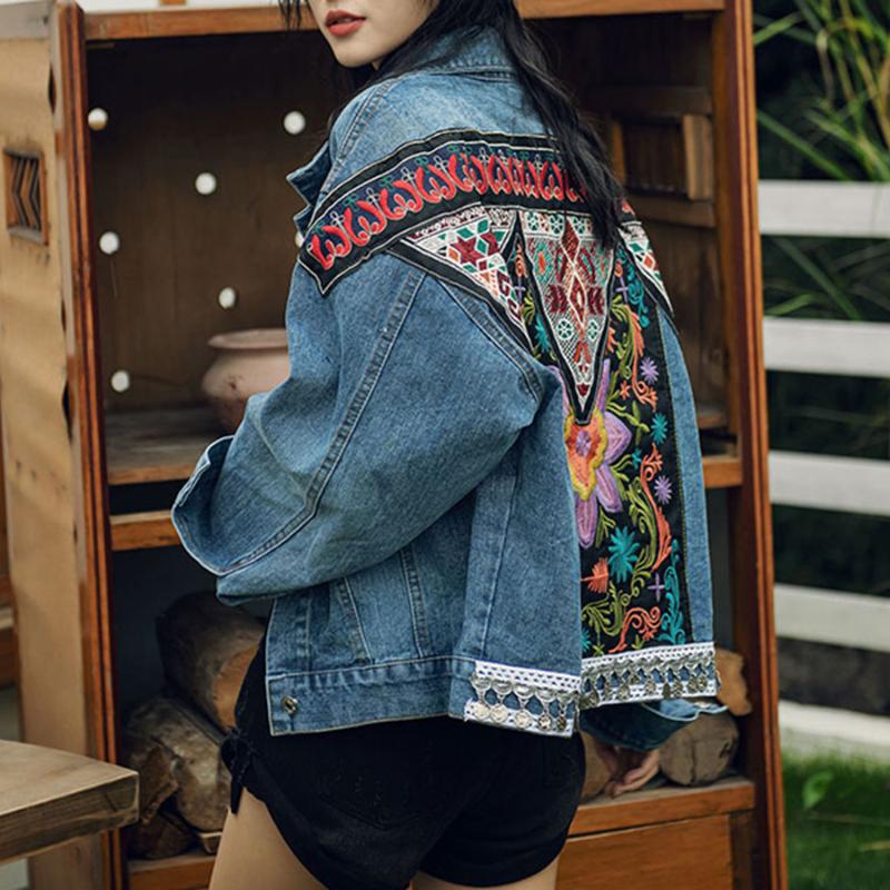 Boho Denim Jacket For Women Autumn Floral Appliques Embroidery Vintage Coat Long Sleeve Outerwear Female Jacket Coatee B025