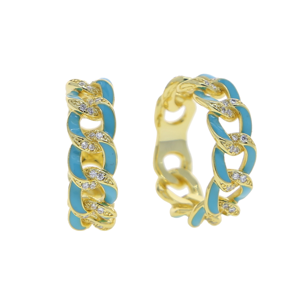 Gold Color Fashion 2024 Women Finger Jewelry Micro Pave White CZ Pink Blue White Enamel Cuban Link Chain Band Ring