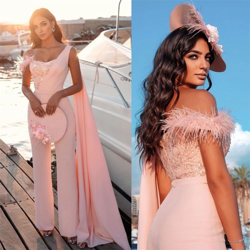 One Shoulder Jumpsuit Prom Dresses With Wrap Feather Lace Formal Evening Dress Glitter Sequins Party Gowns Modern Fashion Robe De Soirée