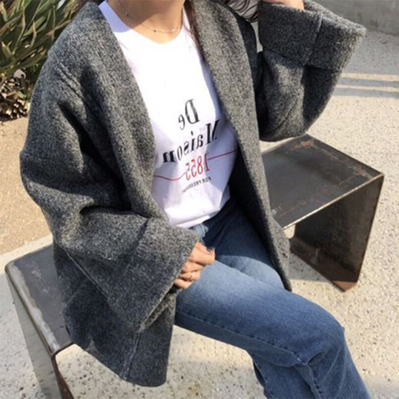 [EWQ] Autumn Ladies Short Woolen Coat Loose Flared Sleeves All-match Bat Sleeved Cardigan Solid Coats Ladies Plus Size QB366 201216