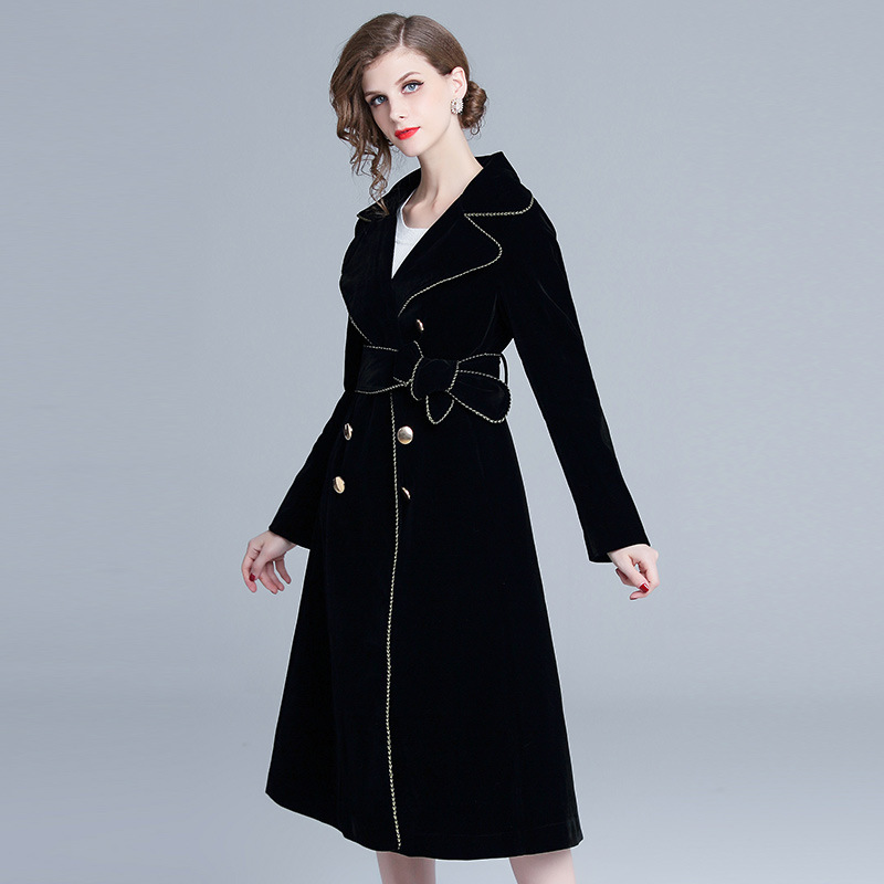 Women Velvet Coat Long Velvet Coats Modern Lady Trench Coat Black Long Sleeve Belted Winter Jacket 201216