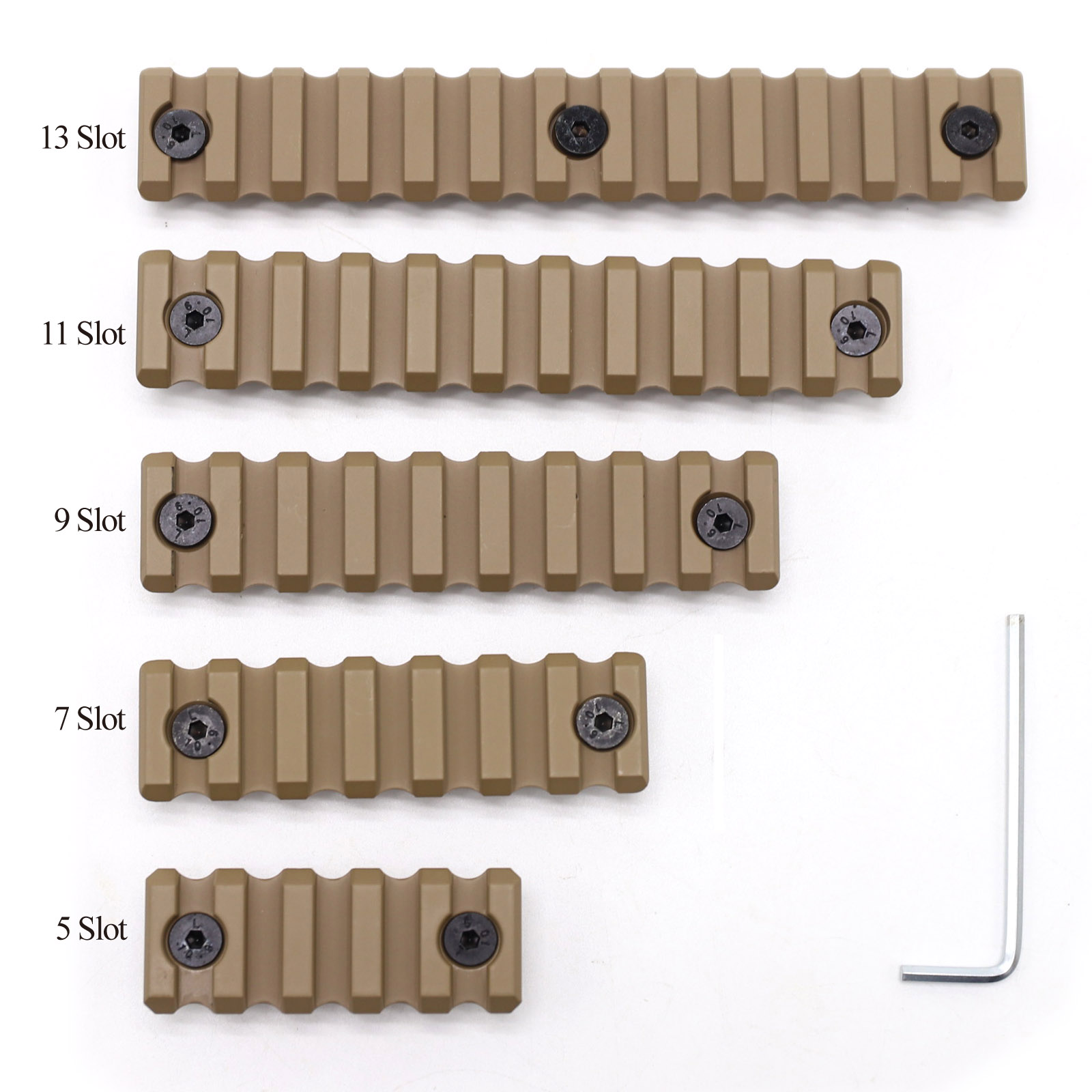 Tan/FDE Color 5/7/9/11/13 Slots Picatinny Rail Section with Dual Interface Fit Both Keymod and M-LOK handguard Rail System
Tan/FDE Color 5/7/9/11/13 Slots Picatinny Rail Section with Dual Interface Fit Both Keymod and M-LOK handguard Rail System
