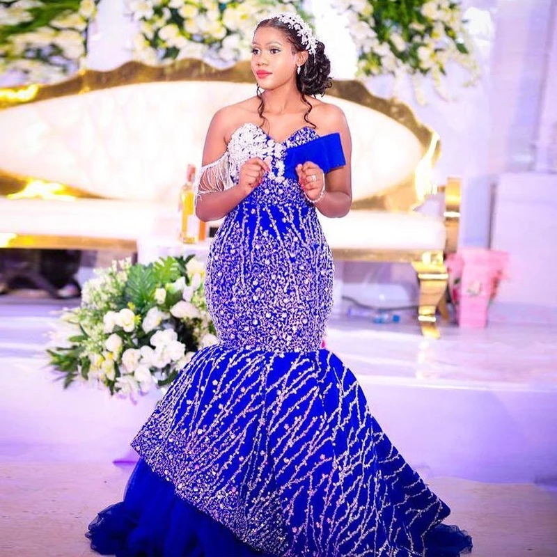 Aso Ebi African Women Royal Blue Prom Dress With Sweetheart Tassels Sequins Lace Appliques Plus Size Tiered Sweep Train Evening Gowns Vestidos De Novi