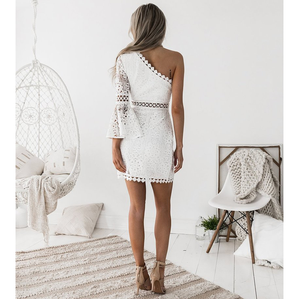 Anself New Sexy Hollow Out Dress Women Elegant White Lace Dress One Shoulder Flare Sleeve Clubwear Short Club Party Dress T200604