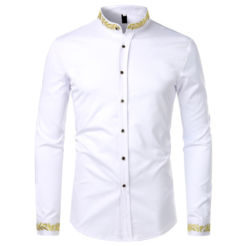 Black Gold Embroidery Shirt Men Spring New Mens Dress Shirts Stand Collar Button Up Shirts Chemise Homme Camisa Masculina 201120