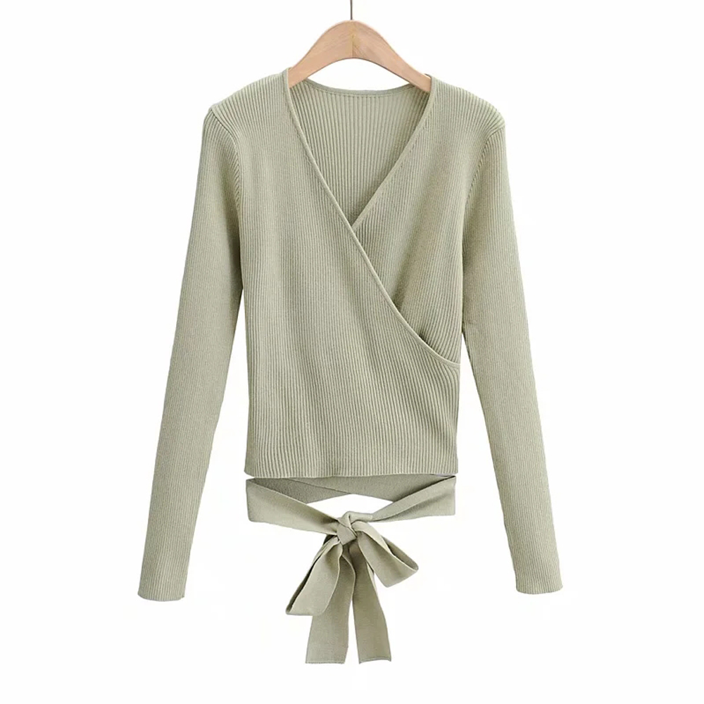 XNWMNZ Za women knit crossover top Long sleeve top with a crossover V-neckline tie fastening at the waist Female Chic Sweaters 201222