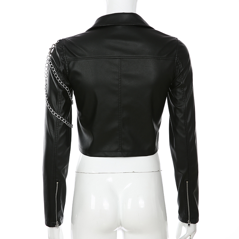 Vangull Faux Leather Jacket Cropped Women Jacket Punk Harajuku Black short Coat Woman Gothic Long Sleeve Overcoat With Chains 201226