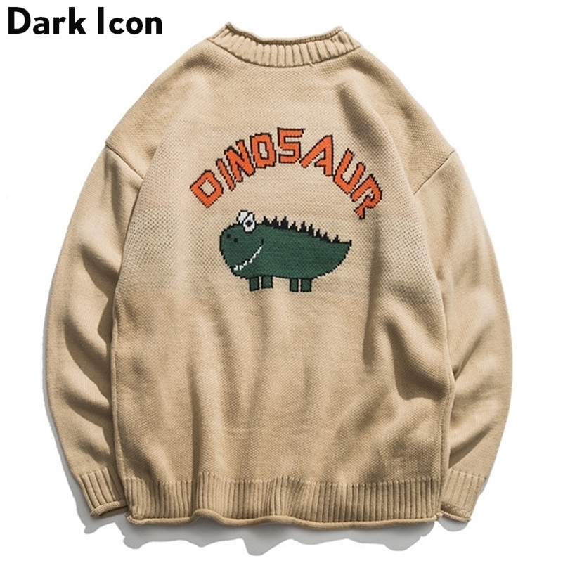 Dinosaur Lovely Sweater Men Winter Pullover Men's Sweaters Oversized Boy Student Sweater Black Khaki 201022