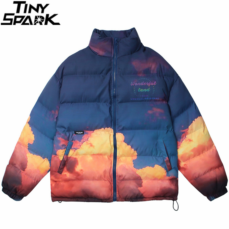 Mens Hip Hop Parka Jacket Streetwear Sky Printed Jacket Harajuku Cotton Winter Padded Jacket Coat Warm Outwear Thick 201214
