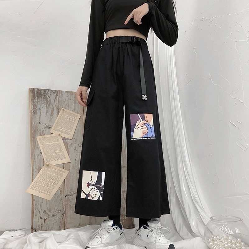 Women New Wide Leg Pants Fashion Elastic High Waist Harajuku Sweatpants Female Streetwear Casual Loose Ankle Length Black Pants 201106