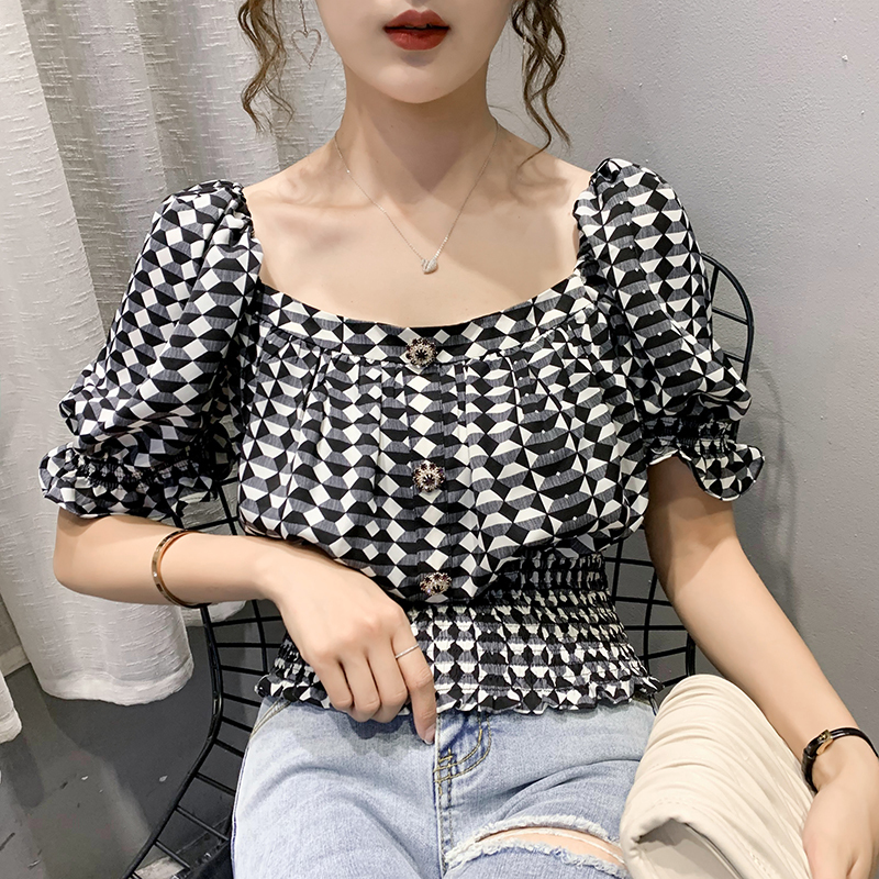 Summer Women's blouse shirt New French Retro Plaid Tops Women's shirt Flavor Shoulder Blusas T200608