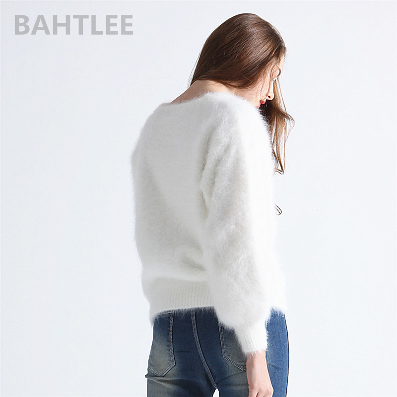 BAHTLEE Autumn Winter Women's Angora Rabbit Knitted Pullovers Sweater O-NECK Lantern Sleeve Mink Cashmere Thick Keep Warm 201023