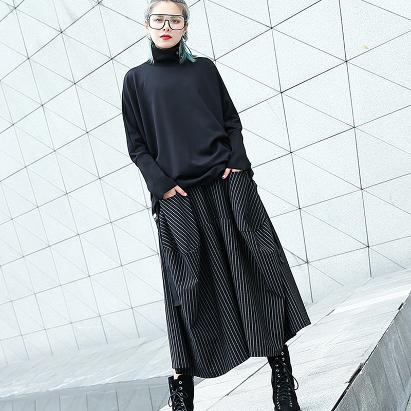 [EAM] New Spring Autumn High Elastic Waist Black Striped Big Pocket Stitching Wide Leg Pants Women Trousers Fashion JH787 201106