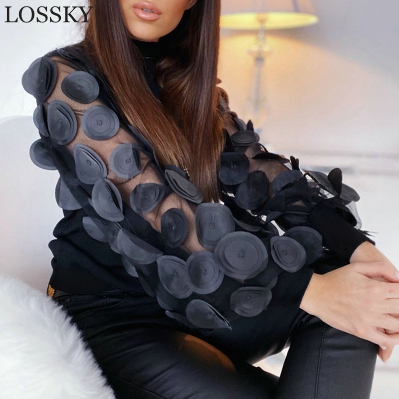 Women's Sheer Mesh See-through Blouse New Fashion Elegant Slim Polka Dot Puff Long Sleeve Tops Shirt Turtleneck Fall Blouse 201201