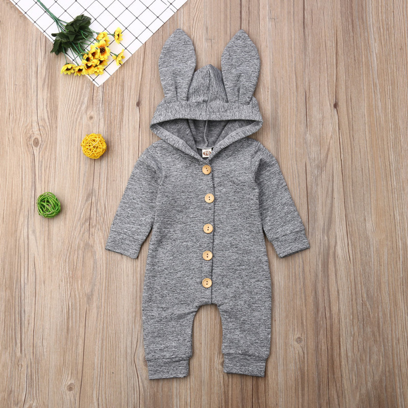 New Newborn Infant Baby Girl Boy Fashion Style Solid Cute Rabbit Ears Hooded Cotton Romper Button Jumpsuit Outfits Clothes 0-24M Y1221