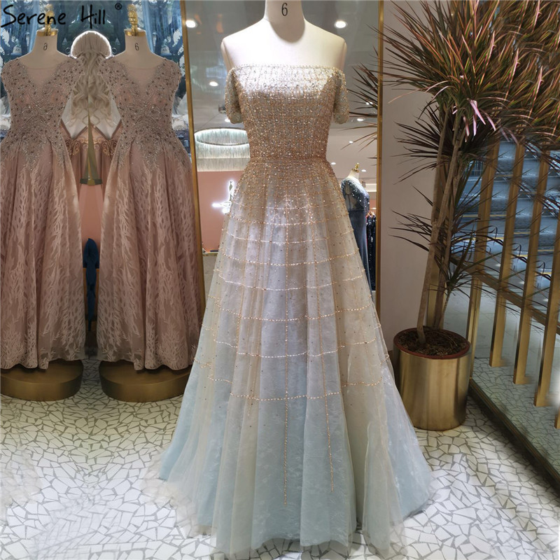 Silver Off Shoulder Short Sleeve Evening Dresses Dubai A-Line Beading Diamond Evening Gowns Serene Hill LA70263 201114