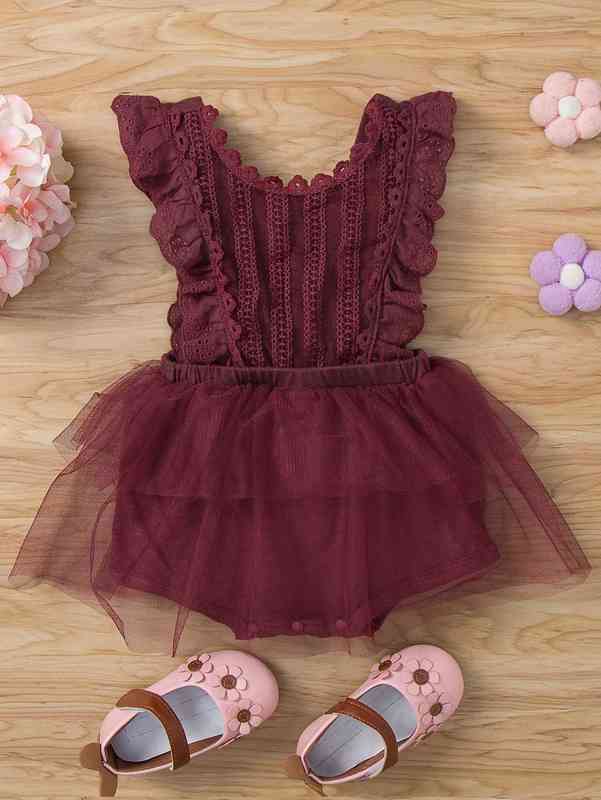 Baby Girl Contrast Mesh Eyelet Embroidery Ruffle Trim Bodysuit SHE