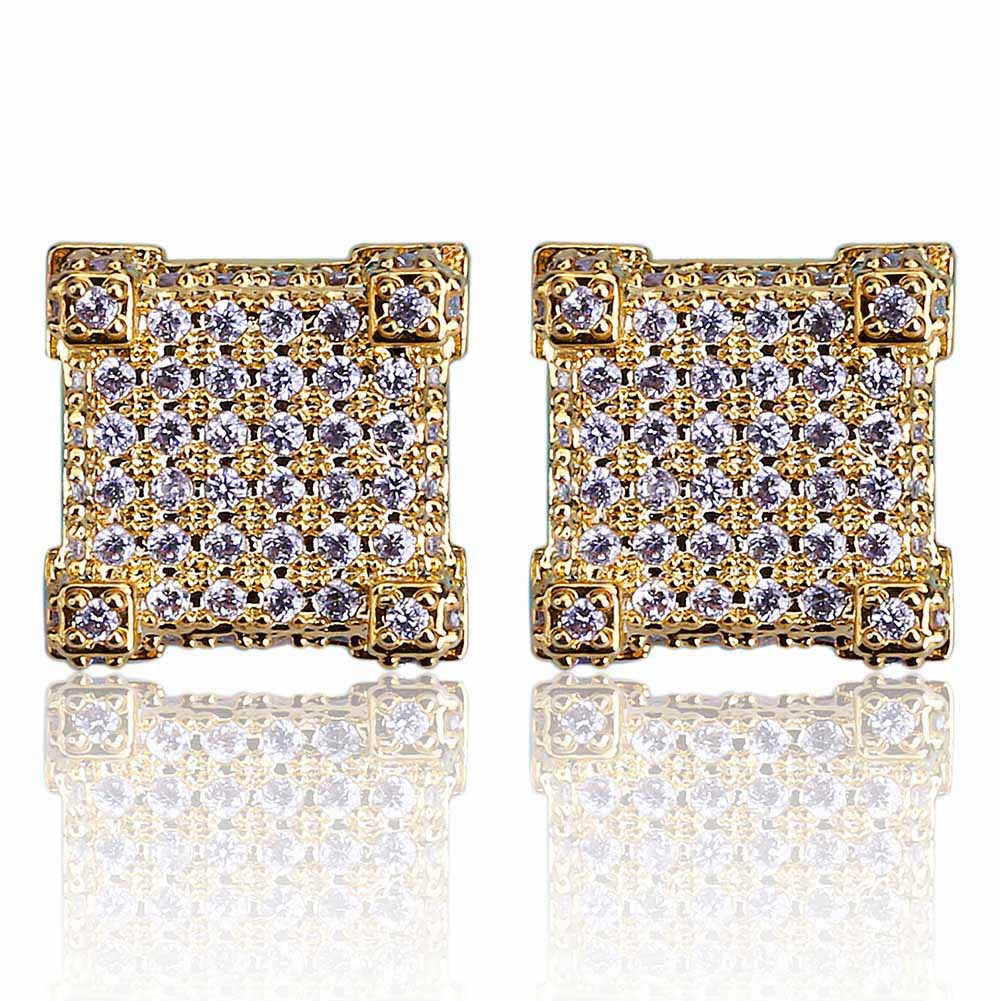 Hip Hop Iced Out 14k Gold Plated Stud Square Micro-mosaic Zircon Earrings for Men Women Party Gifts Free shipping