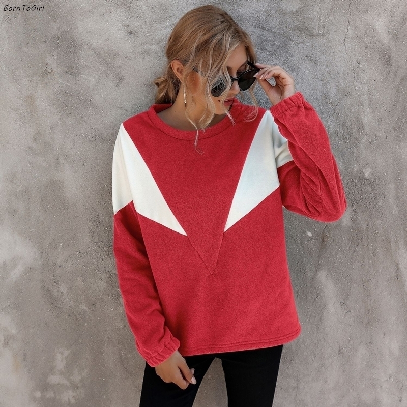 BornToGirl Autumn Winter Women's Loose Round Neck Long Sleeve White Red Green Hoodies Sweatshirt 201028
