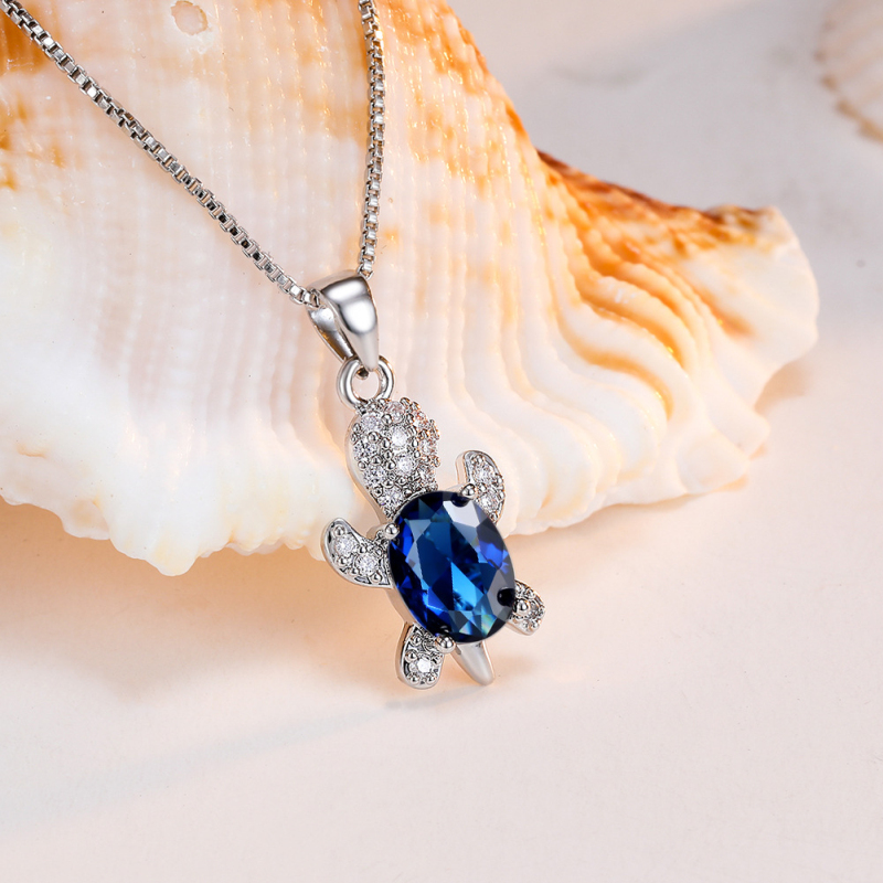 Colorful Gemstone Cute Turtle Pendant Necklace White Gold Plated Jewelry for Women Gift