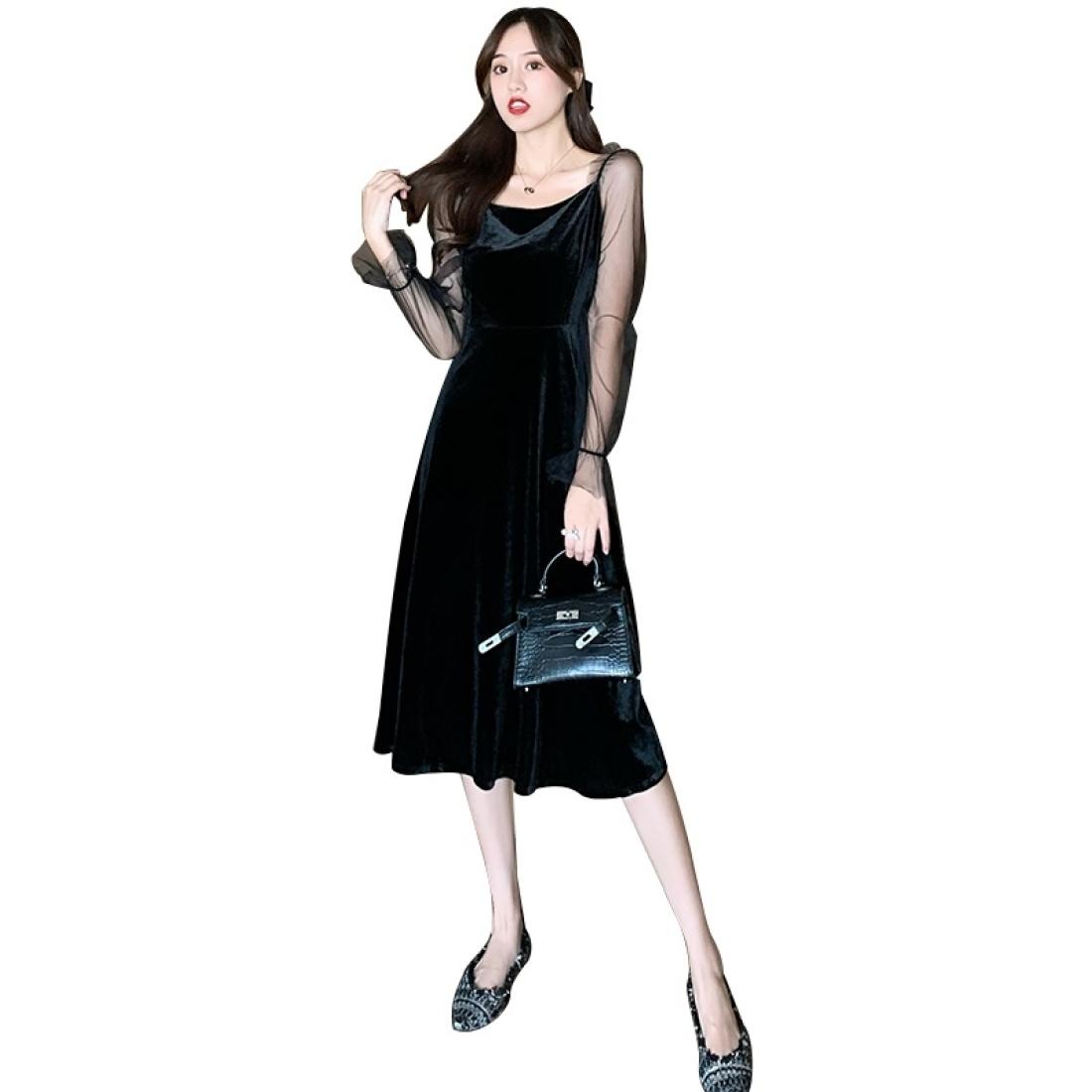 Women Gold Velvet Mesh Stitching Mid-length Dress 
Women Gold Velvet Mesh Stitching Mid-length Dress