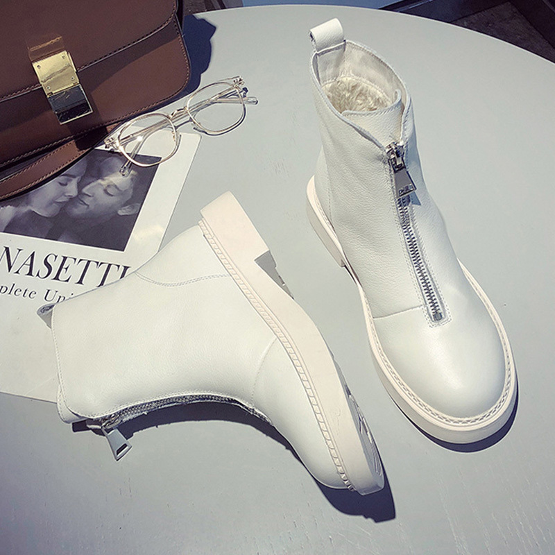 Hot Sale Genuine Leather Women Boots Winter Plus Velvet Woman Shoe Fashion Female Breathable Cowhide Bootie Front Zipper Light White Boot