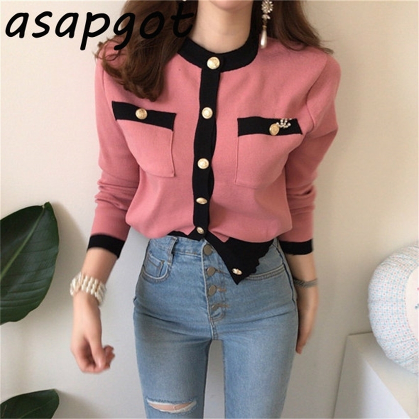 Chic French Autumn Fragrant Pink Loose Round Neck Contrast Color Sweater Women Short Gold Button Pocket Cardigan Orange Casual 201222