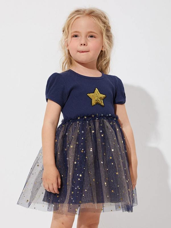 Toddler Girls Star Print Mesh Panel Puff Sleeve Dress SHE