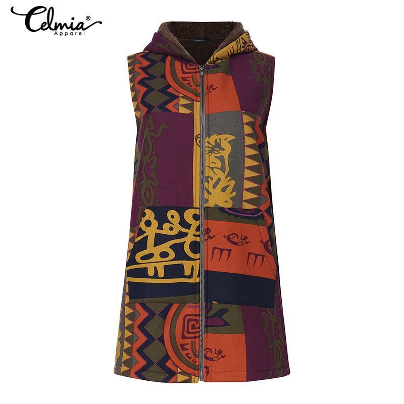 Celmia Women Fluffy Coats Gilet 2019 Winter Ladies Warm Hooded Sleeveless Print Casual Pockets Loose Windbreaker Outwear 7 T200114