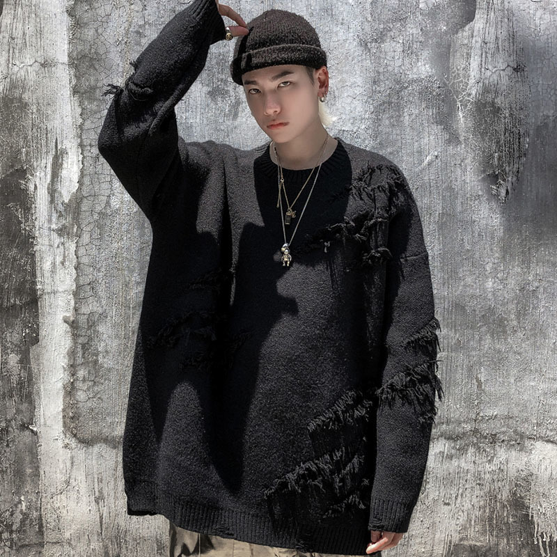 Hip Hop Streetwear Knitted Sweater Men Vintage Retro Plain Ripped Sweater Pullover Cotton Harajuku Casual Loose Sweater 201203